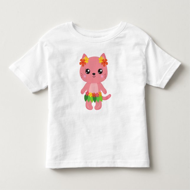 Camiseta Infantil Gato Hawaii, Gato Gato Giro, Gato Rosa, Flores, Lu (Frente)