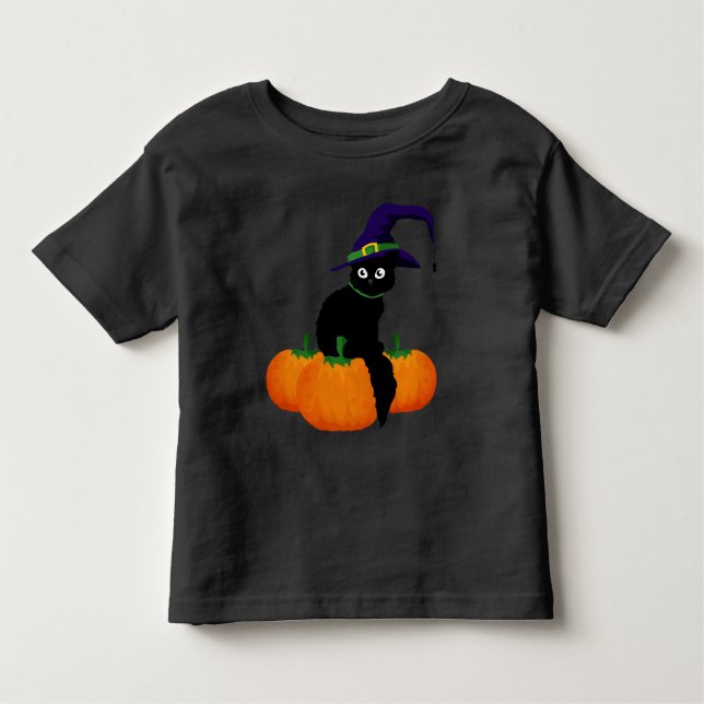 Camiseta Infantil Gato Negro com chapéu e abóboras para o Dia das Br (Frente)