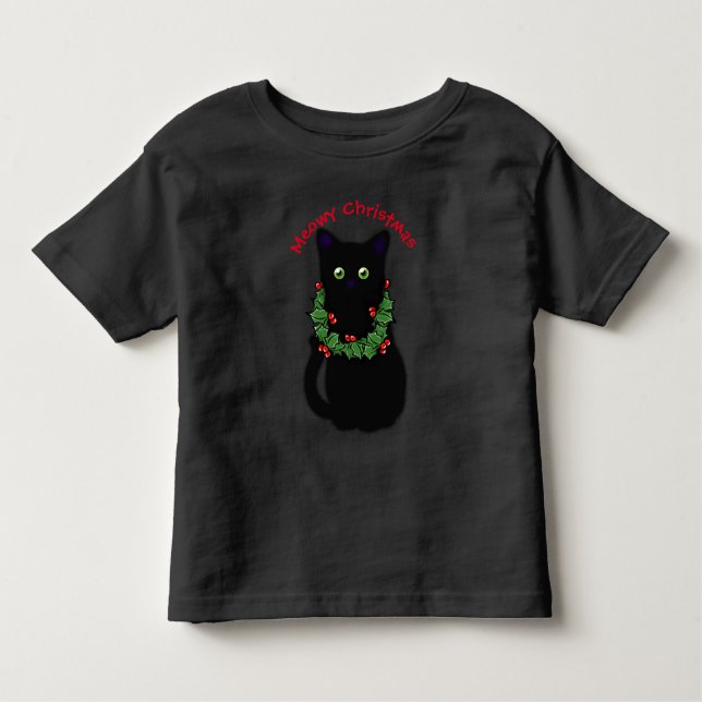 Camiseta Infantil Gato negro | Meowy Christmas | Holly garland (Frente)