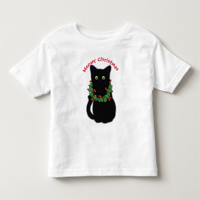 Camiseta Infantil Gato negro | Meowy Christmas | Holly garland (Frente)