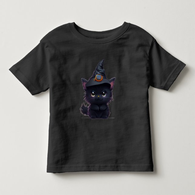 Camiseta Infantil Gato preto fofo e caprichoso de Halloween (Frente)