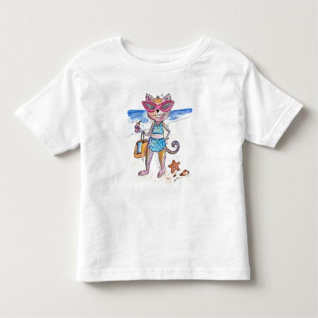 Camiseta Infantil Gato Whimsical na Praia (Frente)