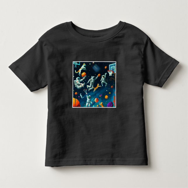 Camiseta Infantil Gatos Jogando Basquete no Espaço com Astronautas (Frente)