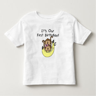 Camiseta Infantil Gêmeos - primeiro aniversario de Macaco Menino e R