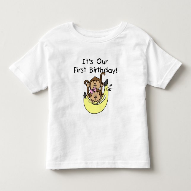 Camiseta Infantil Gêmeos - primeiro aniversario de Macaco Menino e R (Frente)