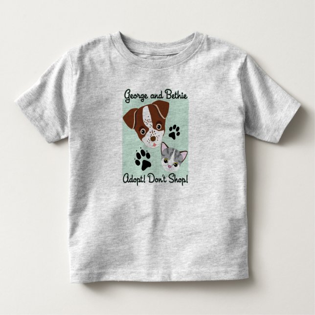 Camiseta Infantil George e Bethie: Adote! Não comprar! (Frente)