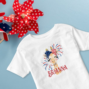 Camiseta Infantil Girafa Patriótica Vermelha, Branca e Azul Personal