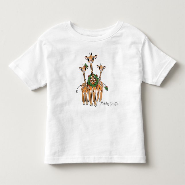 Camiseta Infantil Girafas Festivas Feriadas com Holly Wreath (Frente)