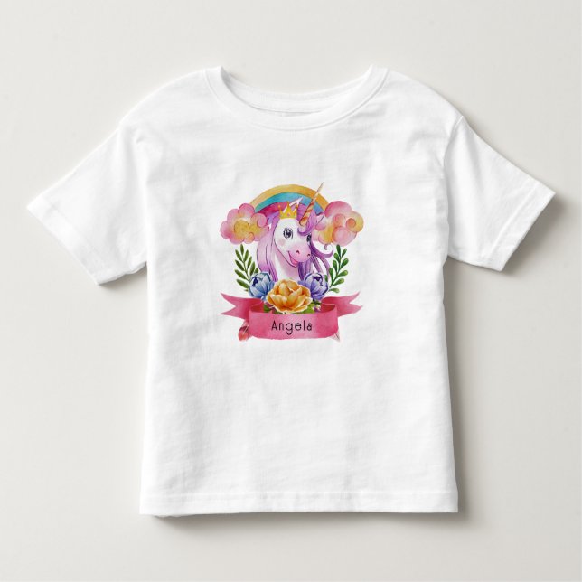 Camiseta Infantil Girls Cute Purple Unicorn Rainbow Nome Personaliza (Frente)