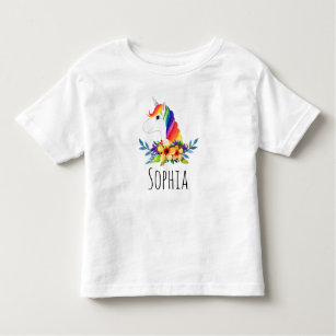 Camiseta Infantil Girls Cute Watercolor Rainbow Unicorn e Nome