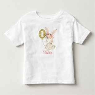 Camiseta Infantil Girls Floral Bunny Primeiro Aniversário T-Shirt