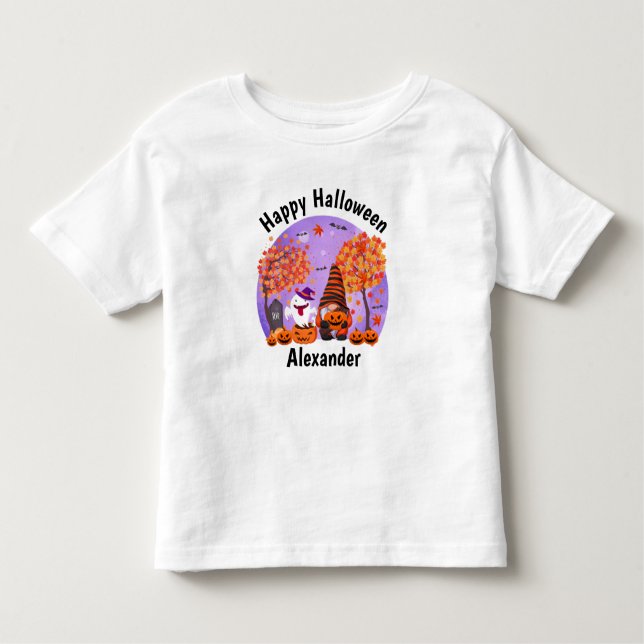 Camiseta Infantil Gnomo E Fantasma De Halloween Bonitos Com Texto (Frente)