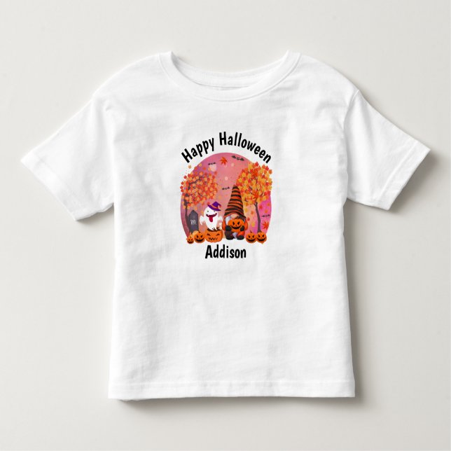 Camiseta Infantil Gnomo E Fantasma De Halloween Bonitos Com Texto (Frente)