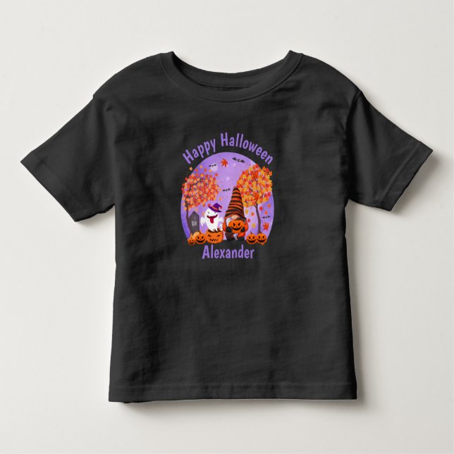 Camiseta Infantil Gnomo E Fantasma De Halloween Bonitos Com Texto (Frente)