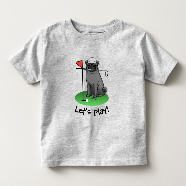 Camiseta Infantil Golf Pug Jogando Golfe (preto) Cachorro Bonito Eng (Frente)