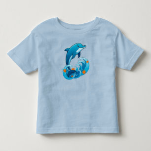 Camiseta Infantil Golfinho Azul Saltando Sobre Ondas do Oceano