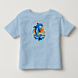 Camiseta Infantil Golfinho Azul Saltando Sobre Ondas do Oceano