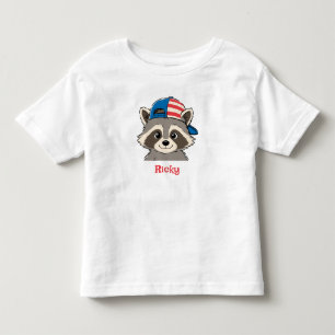 Camiseta Infantil Gorro Patriótico de Guaxinim Vermelho Branco Azul