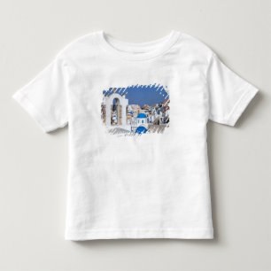 Camiseta Infantil Grécia, Santorini. Torre de celular e domos azuis