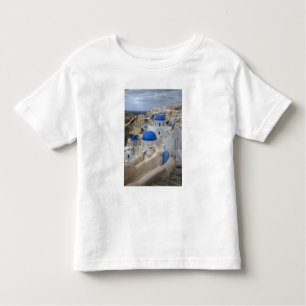 Camiseta Infantil Grécia, Santorini. Torre de celular e domos azuis 