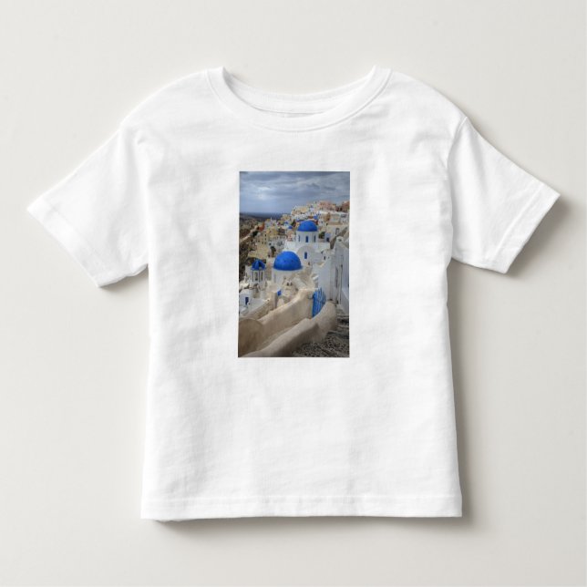 Camiseta Infantil Grécia, Santorini. Torre de celular e domos azuis  (Frente)