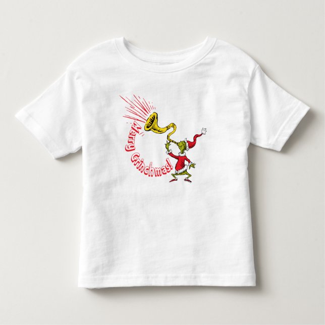 Camiseta Infantil Grinch Blowing the Merry Grinchmas Horn (Frente)