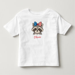 Camiseta Infantil Guaxinim Patriótico Laço Vermelho Branco Azul Nome