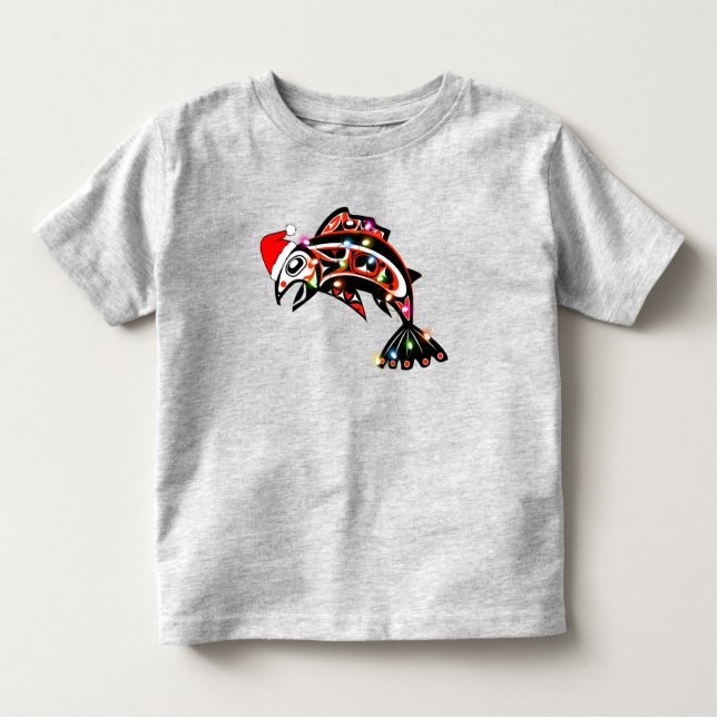 Camiseta Infantil Haida Salmon Spirit Animal Com Luzes De Natal (Frente)