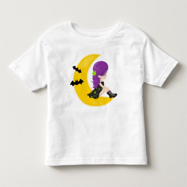 Camiseta Infantil Halloween, Bruxa Na Lua, Bat, Truque Ou Tratamento (Frente)