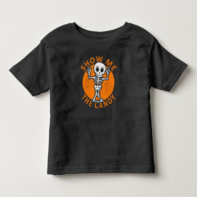 Camiseta Infantil Halloween Mostra-Me O Esqueleto Do Candy (Frente)