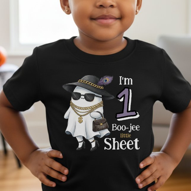 Camiseta Infantil Halloween primeiro aniversario Engraçado One Bouje (Halloween 1st Birthday Funny One Boujee Ghost Toddler T-shirt
)