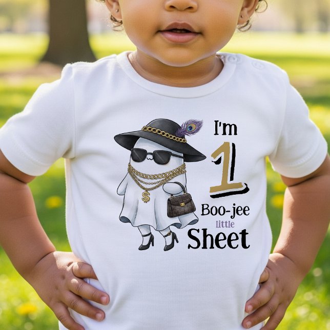 Camiseta Infantil Halloween primeiro aniversario Engraçado One Bouje (Halloween 1st Birthday Funny One Boujee Ghost Toddler T-shirt
)