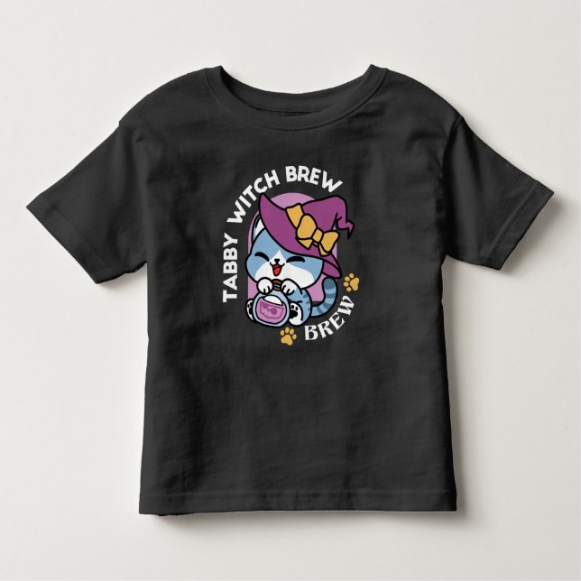 Camiseta Infantil Halloween Tabby Cat – Witch Hat & Potion Art (Frente)