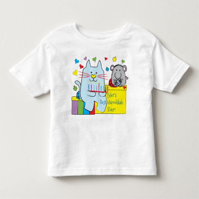 Camiseta Infantil Hanukkah Toddler Jersey T-Shirt Blue Cat and Mouse (Frente)