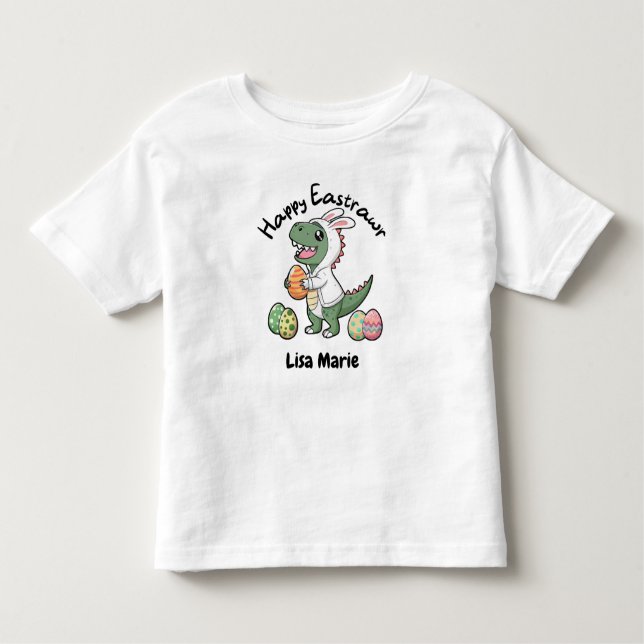 Camiseta Infantil Happy Easter Dinosaur Wearing a Bunny Coat, Eggs (Frente)