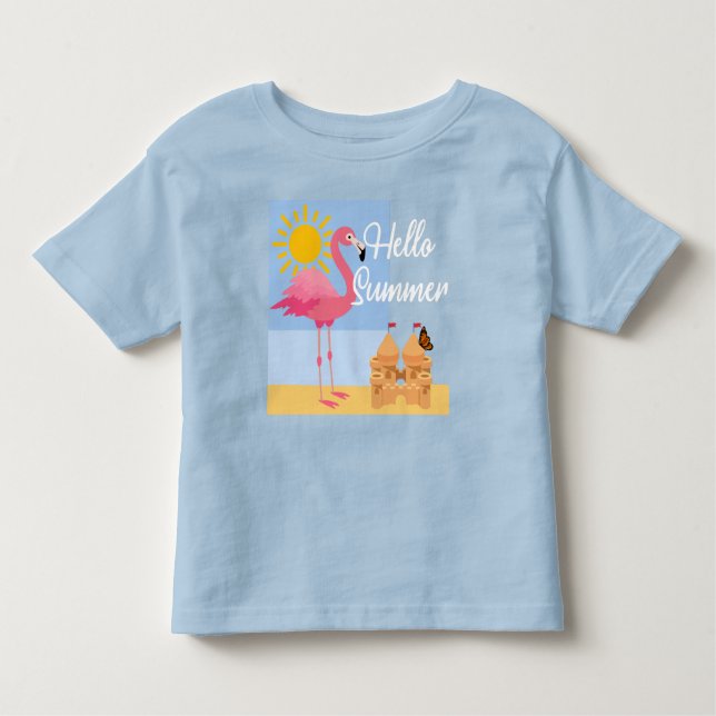 Camiseta Infantil Hello Summer Pink Flamingo Design - Toddler Fine J (Frente)