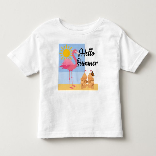 Camiseta Infantil Hello Summer Pink Flamingo Design - Toddler Fine J (Frente)
