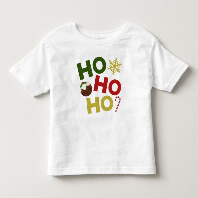 Camiseta Infantil HO HO HO + pudim de Natal, doce, floco de neve (Frente)