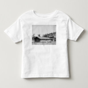 Camiseta Infantil Homens que sentam-se fora da cabana rústica de