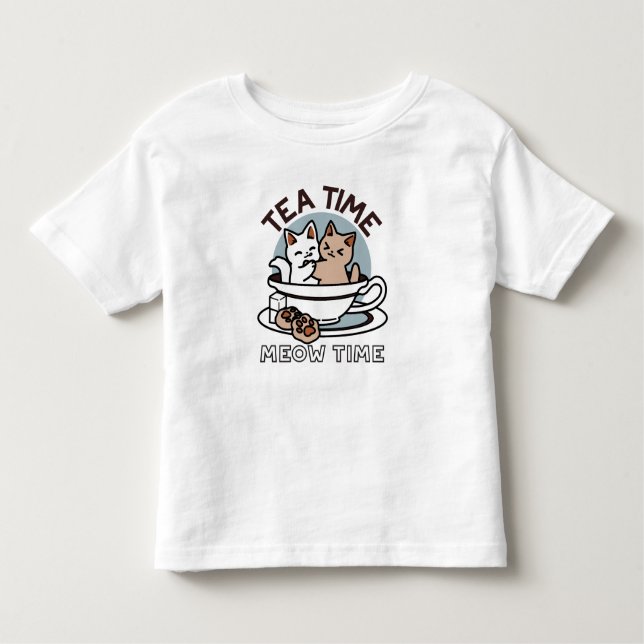 Camiseta Infantil Hora do Tea Meow - Design de Gato e Chá (Frente)