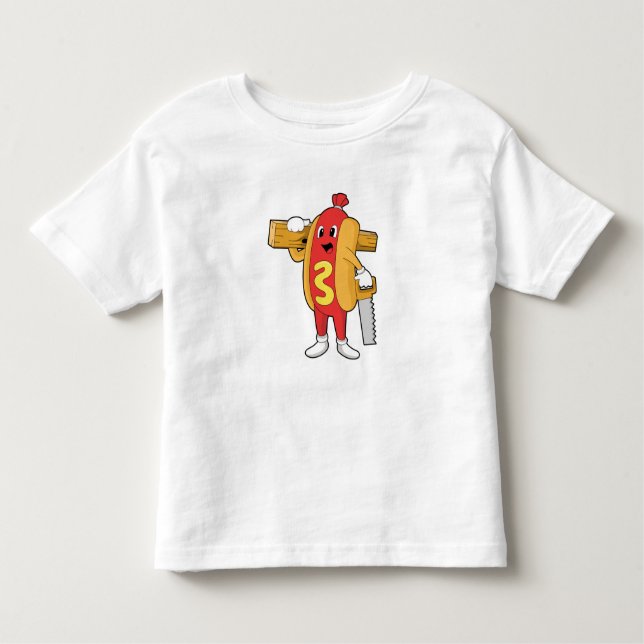 Camiseta Infantil Hotdog como carpinteiro com serra e madeira (Frente)