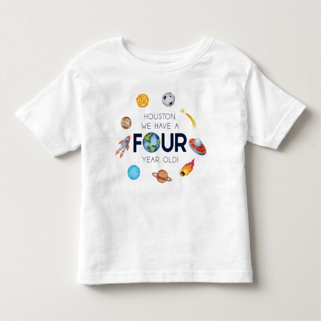 Camiseta Infantil Houston Temos Uma Festa De Quarto Aniversário De Q (Frente)