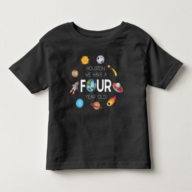 Camiseta Infantil Houston Temos Uma Festa De Quarto Aniversário De Q (Frente)