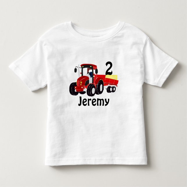 Camiseta Infantil Idade da Diversão e Nome Trator Vermelho Aniversár (Frente)