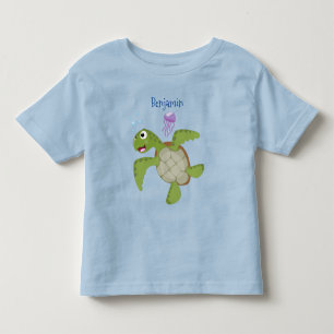 Camiseta Infantil Ilustração animada feliz da tartaruga verde-branca