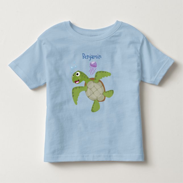 Camiseta Infantil Ilustração animada feliz da tartaruga verde-branca (Frente)