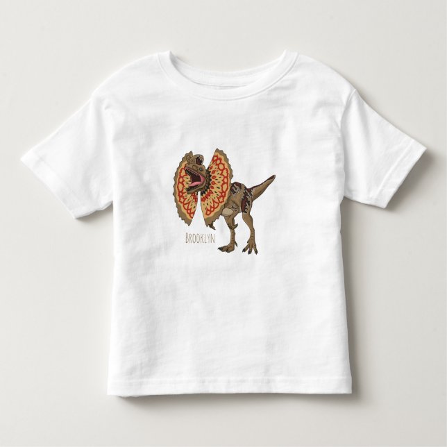 Camiseta Infantil Ilustração de desenho animado de Dilophosaurus (Frente)