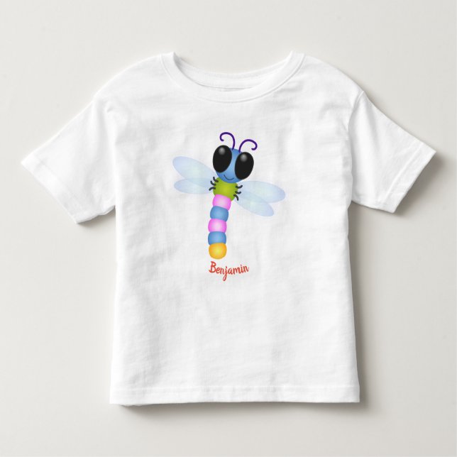 Camiseta Infantil Ilustração de desenho animado de libélula, azul e  (Frente)