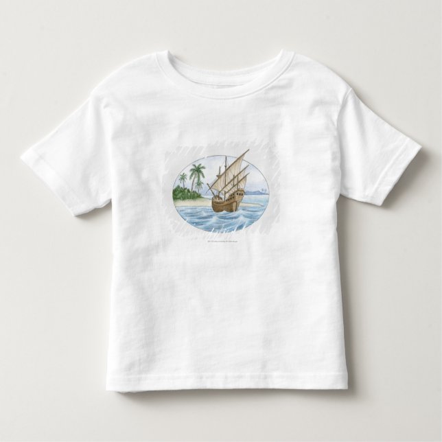Camiseta Infantil Ilustração do navio do século XVI perto da ilha (Frente)