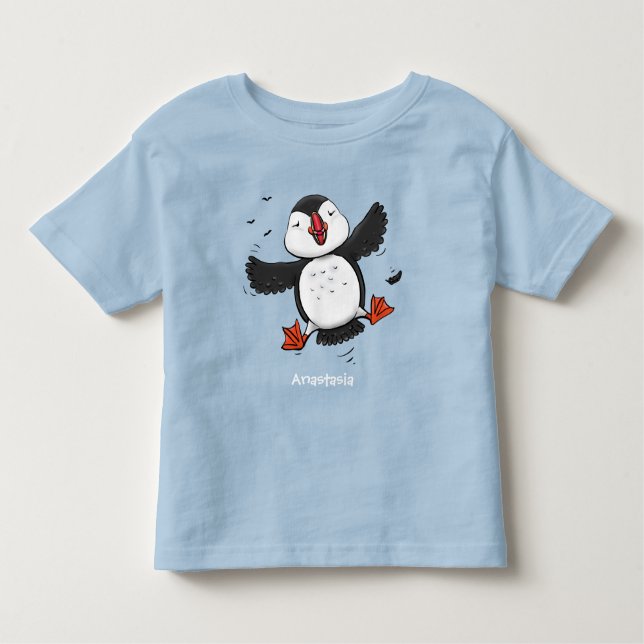 Camiseta Infantil Imagem azul de desenho animado de puffin voador e  (Frente)